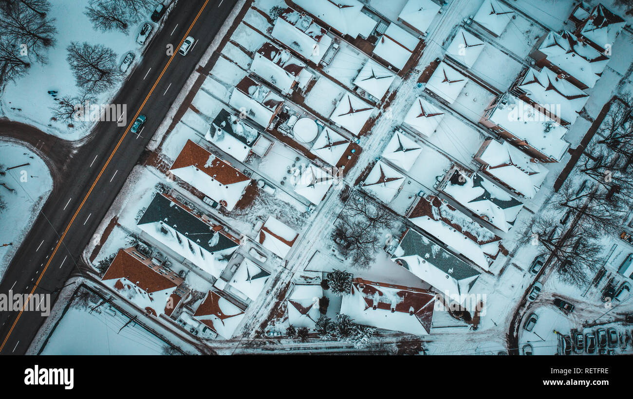 A neigé dans les maisons à Chicago via Drone Banque D'Images