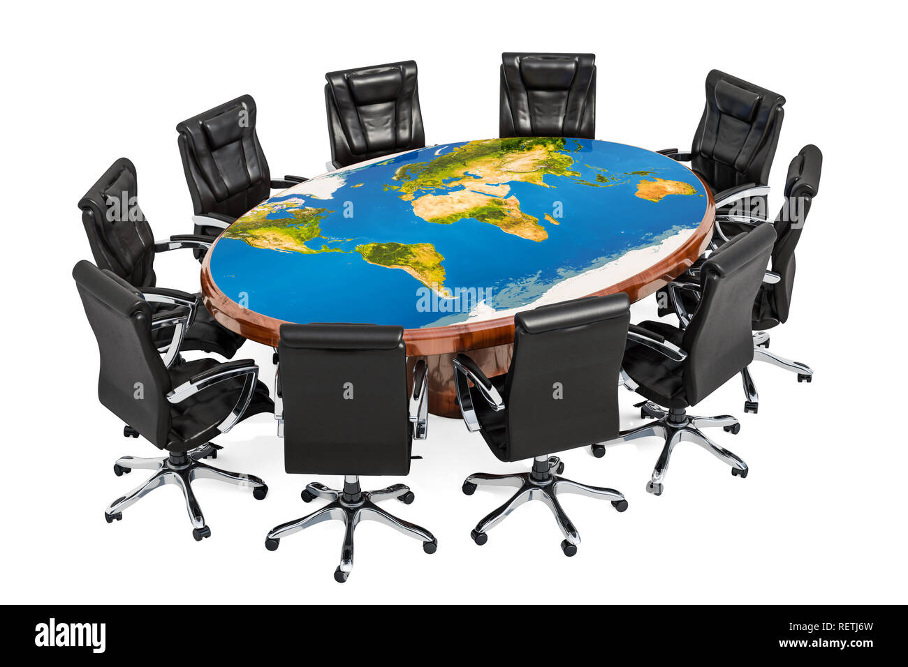 Réunion politique global concept. Table ronde avec la texture de la Terre  et des fauteuils autour de la carte, rendu 3D Photo Stock - Alamy