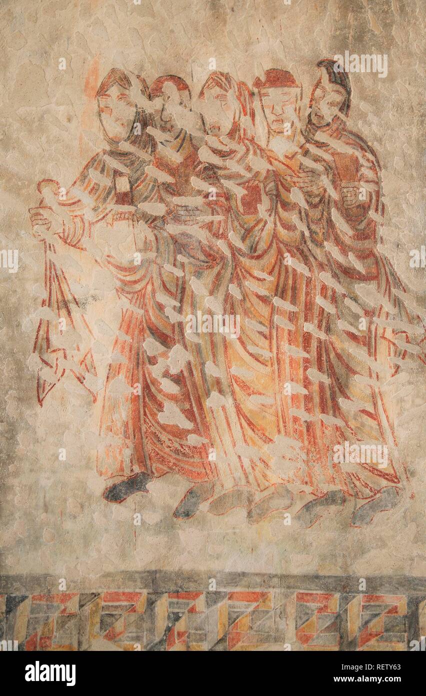 La plus ancienne des fresques dans le monde de langue allemande, 10 - 11 siècle dans l'église de Saint Prokulus Naturns, Tyrol du Sud, Italie, Europe Banque D'Images