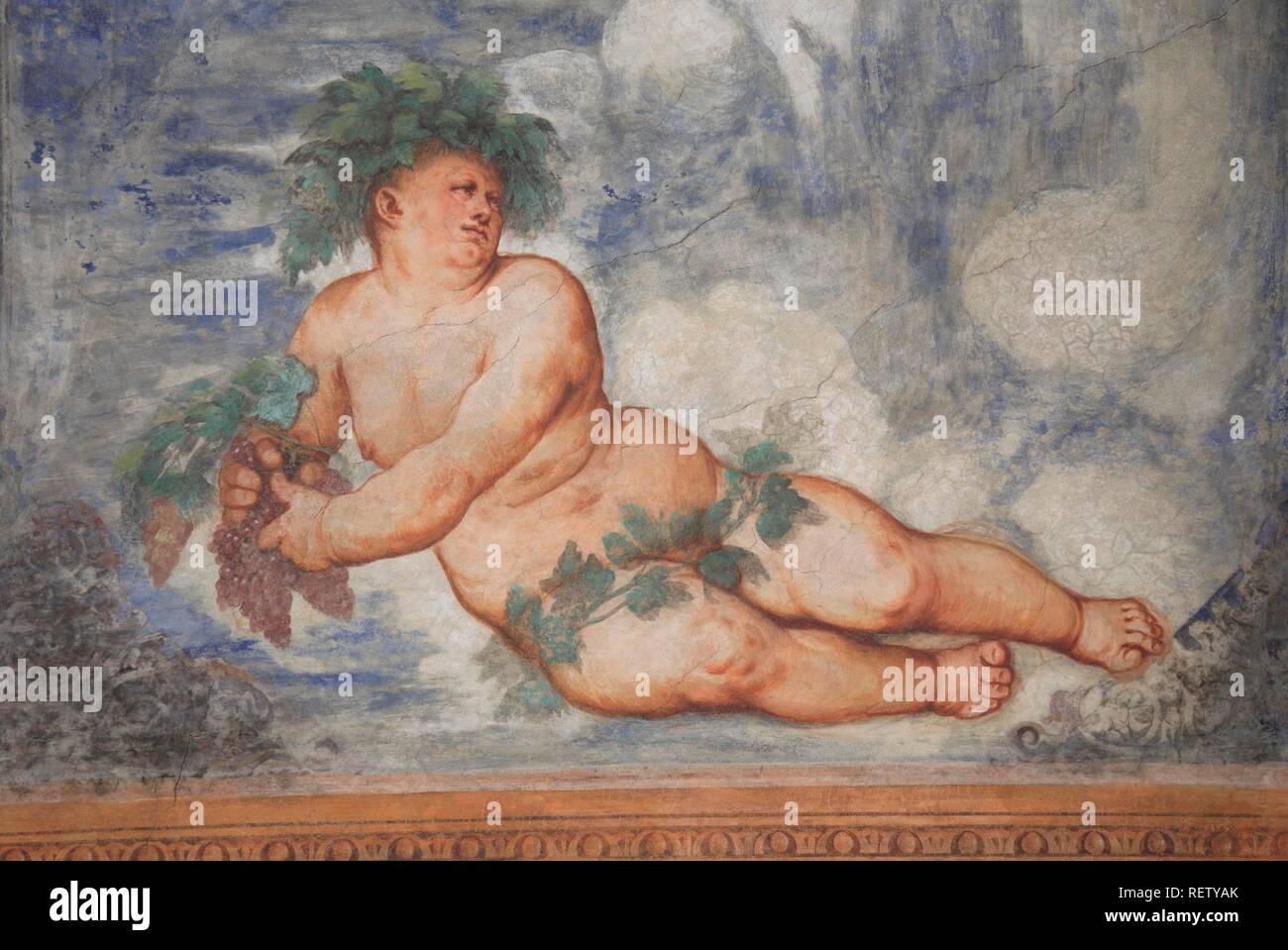 Fresque de Bacchus, le dieu grec du vin dans le Castello del Buonconsiglio, Trento, Trentino Alto Adige, Italie, Europe, Banque D'Images