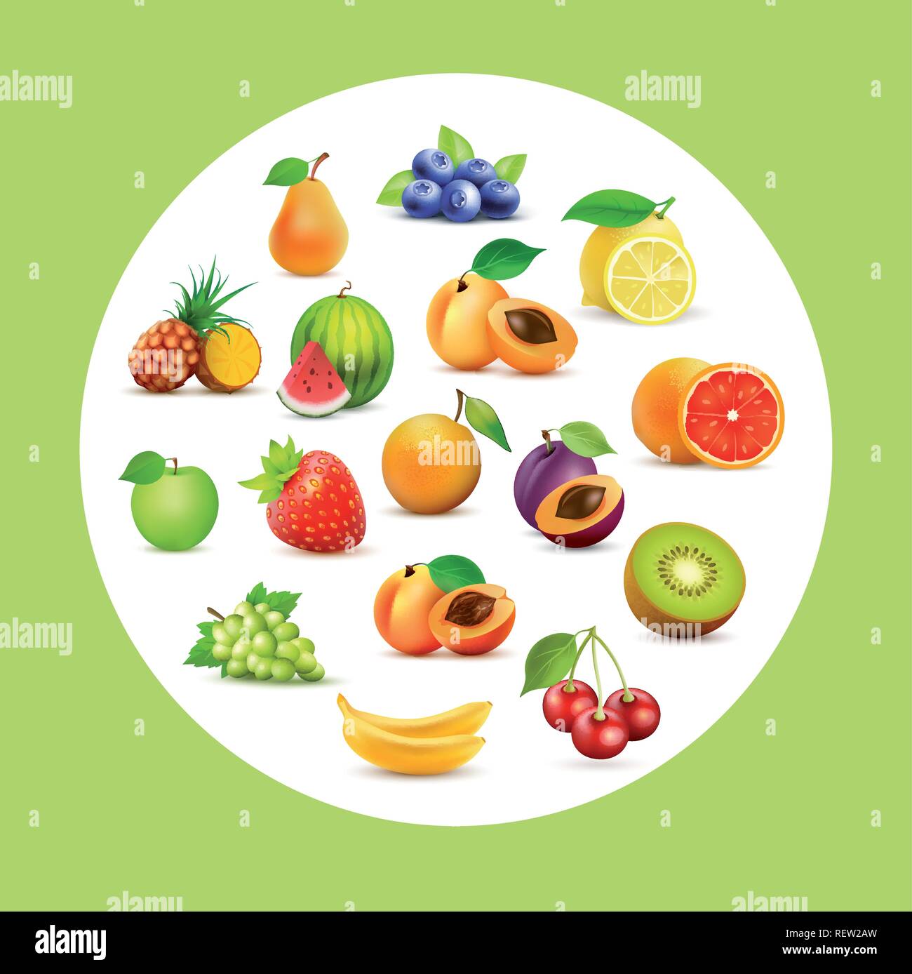 La mise à fruit, vecteur de fond avec des fruits en cercle sur fond vert Illustration de Vecteur