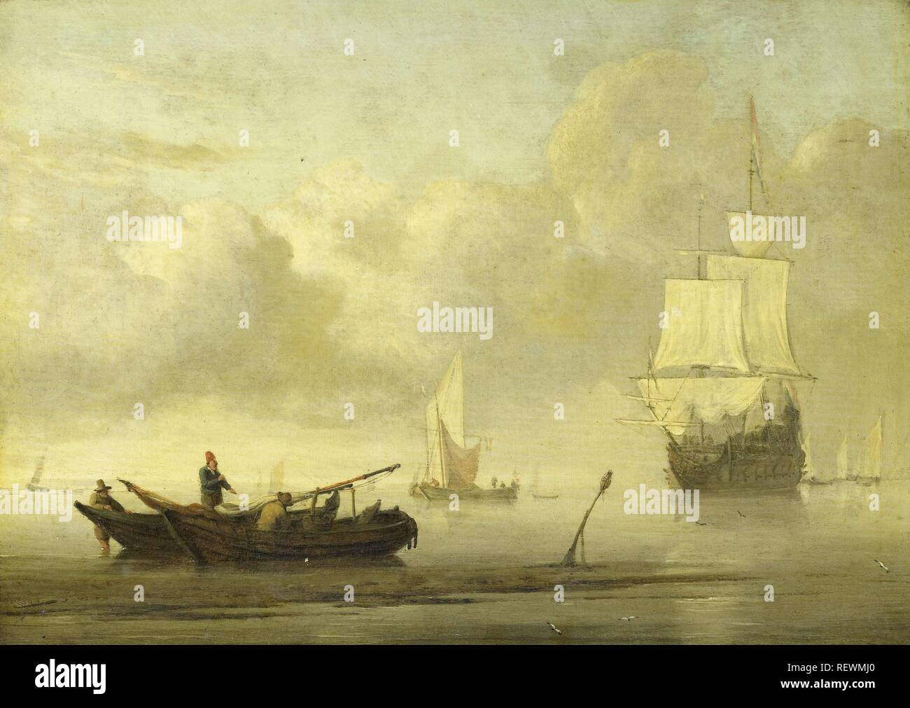 Navires près de la côte au cours d'une calme. Dating : ch. 1650 - c. 1707. Dimensions : H 22,5 cm × w 31 cm ; D. 6,5 cm. Musée : Rijksmuseum, Amsterdam. Auteur : Willem van de Velde (II). Banque D'Images