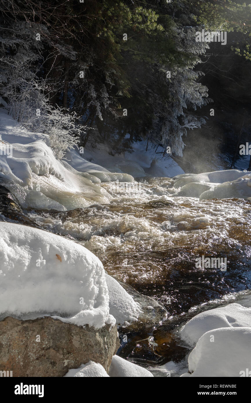 Se précipiter l'eau glacée et les banques de la rivière Snowy à Stubbs Falls Parc Arrowhead en Ontario. Banque D'Images