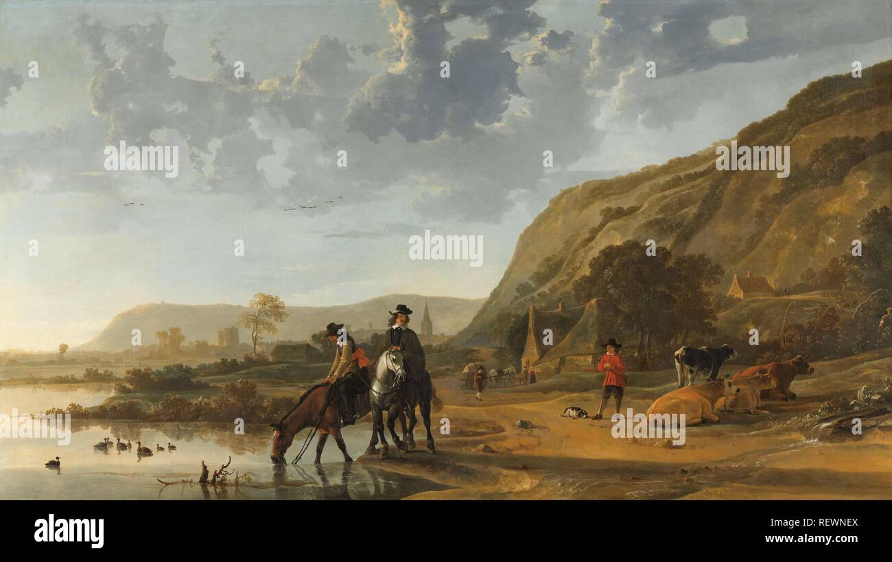 Paysage de rivière avec des cavaliers. Dating : 1653 - 1657. Dimensions : h 128 cm × w 227,5 cm. Musée : Rijksmuseum, Amsterdam. Auteur : Aelbert Cuyp. CUYP, AELBERT. Banque D'Images