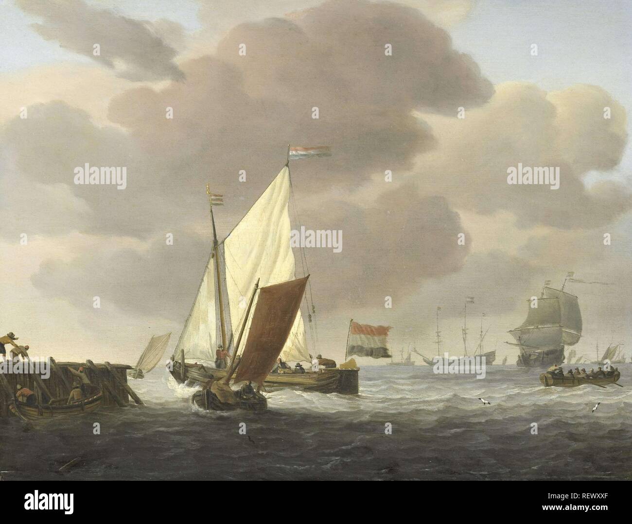 Navires près de la côte, dans un coup de vent. Dating : ch. 1650 - c. 1707. Dimensions : H 28,7 cm × w 37 cm × t 1.1 cm ; d 4.6 cm. Musée : Rijksmuseum, Amsterdam. Auteur : Willem van de Velde (II). Banque D'Images