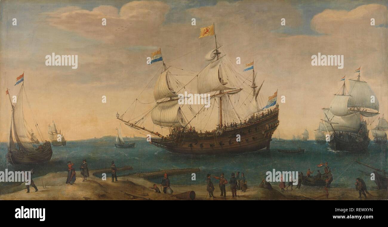 Un certain nombre d'East Indiamen près de la côte (l'île Maurice et d'autres à l'Est Indiamen Départ des Marsdiep). Dating : ch. 1600 - c. 1630. Mesures : support : h 104 cm × w 199 cm ; D. 4,5 cm. Musée : Rijksmuseum, Amsterdam. Auteur : Hendrik Cornelisz. Vroom (mentionné sur l'objet). Banque D'Images