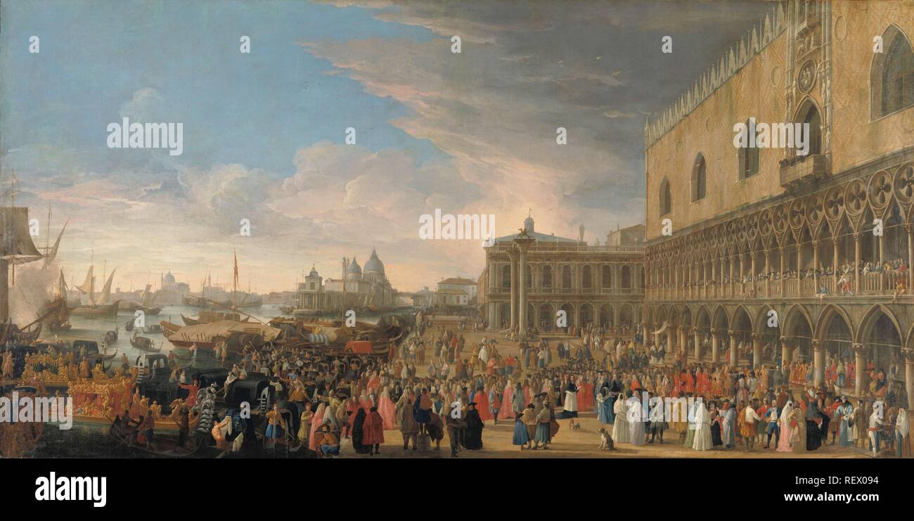 L'entrée de l'ambassadeur français à Venise en 1706. L'entrée de l'ambassadeur français à Venise en 1706. La cérémonie d'entrée d'Henri-Charles Arnauld de Pomponne, connu sous le nom de l'Abbé de Pomponne, dans Venise comme l'ambassadeur de France le 10 mai 1706. Dating : 1706 - 1708. Dimensions : h 130 cm x l 260 cm × d 9,5 cm. Musée : Rijksmuseum, Amsterdam. Auteur : LUCA CARLEVARIJS. Banque D'Images