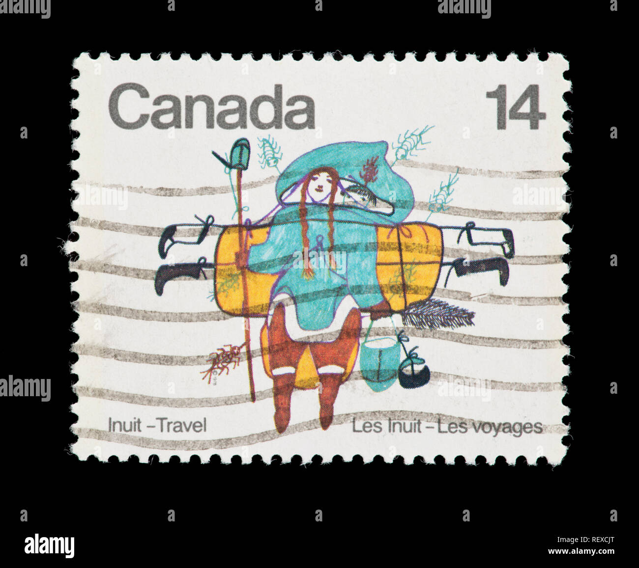 Timbre du Canada représentant la Pitseolak peinture 'Woman', l'oeuvre inuit. Banque D'Images