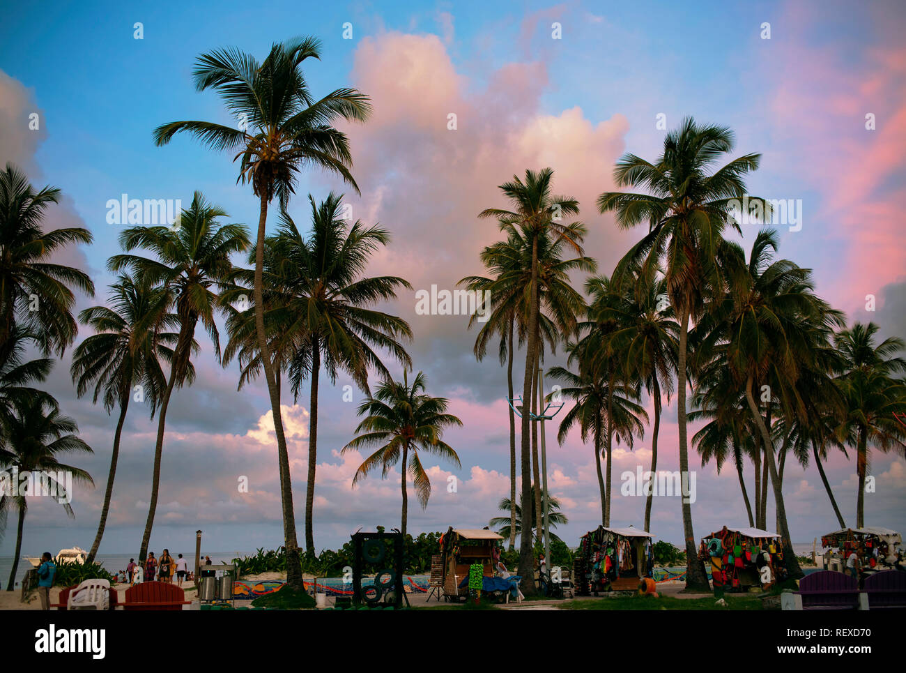 Boulevard côtier avec palmiers et étals du marché. L'île de San Andrés, Colombie. Oct 2018 Banque D'Images Boulevard côtier avec palmiers et étals du marché. L'île de San Andrés, Colombie. Oct 2018 Banque D'Images