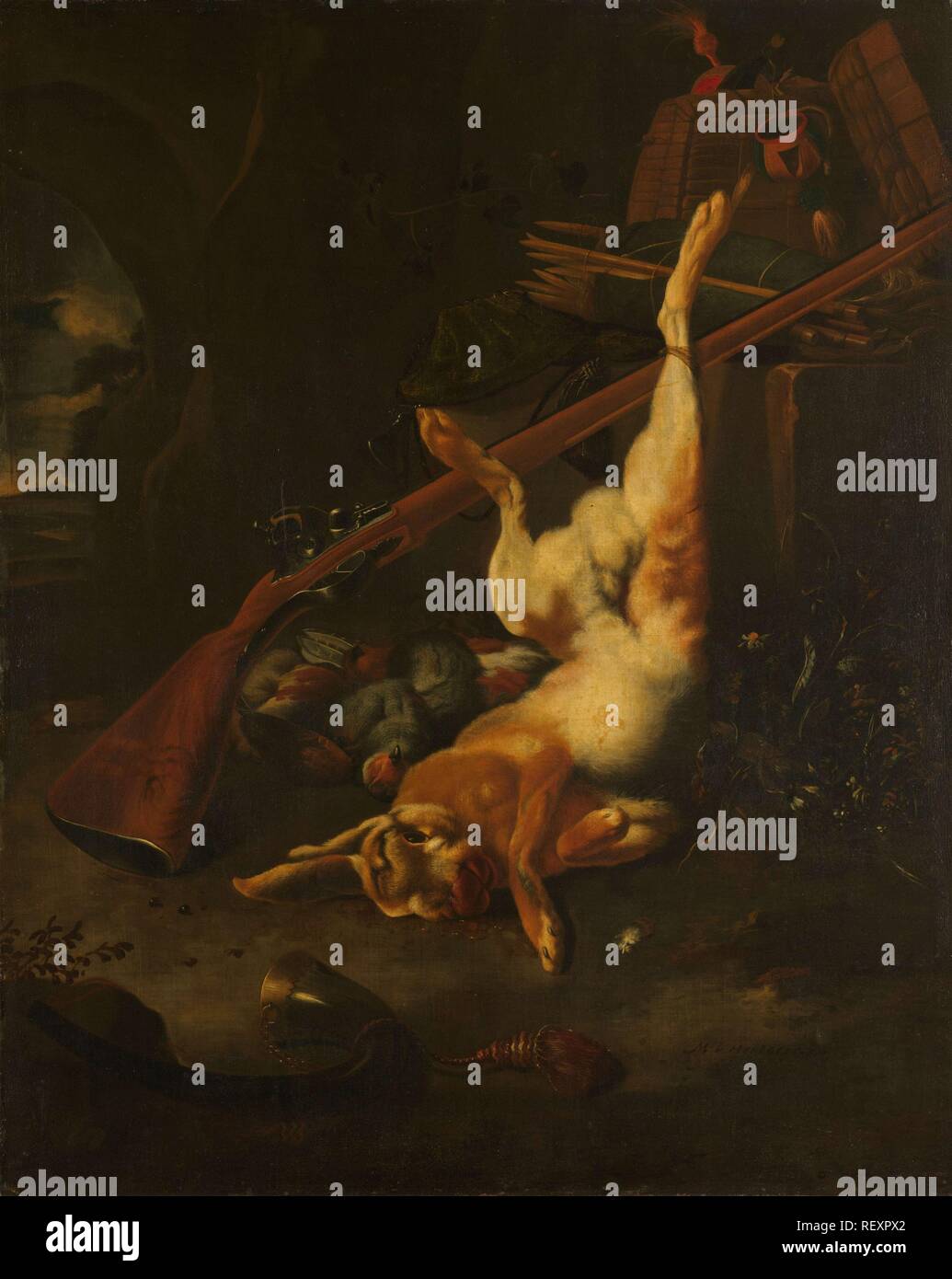 Un sac de chasseur, avec Dead Hare. Dating : 1660 - 1695. Dimensions : h 110 cm × w 88 cm. Musée : Rijksmuseum, Amsterdam. Auteur : Melchior d'Hondecoeter. Banque D'Images