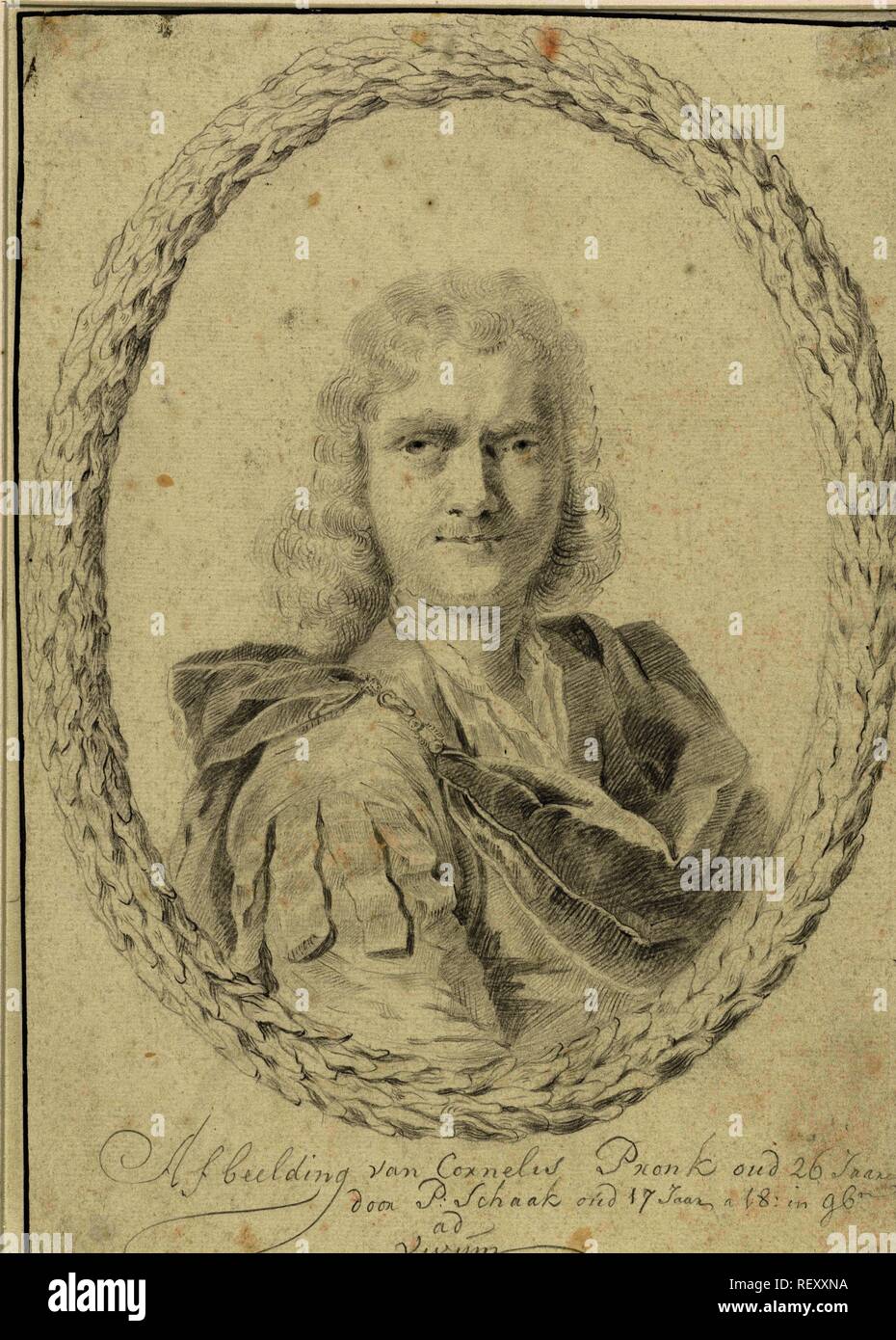 Portrait de Cornelis Pronk, dans un ovale couronne de laurier. Rapporteur pour avis : P. Schaak. Dating : ch. 1700 - c. 1800. Dimensions : H 255 mm × W 175 mm. Musée : Rijksmuseum, Amsterdam. Banque D'Images