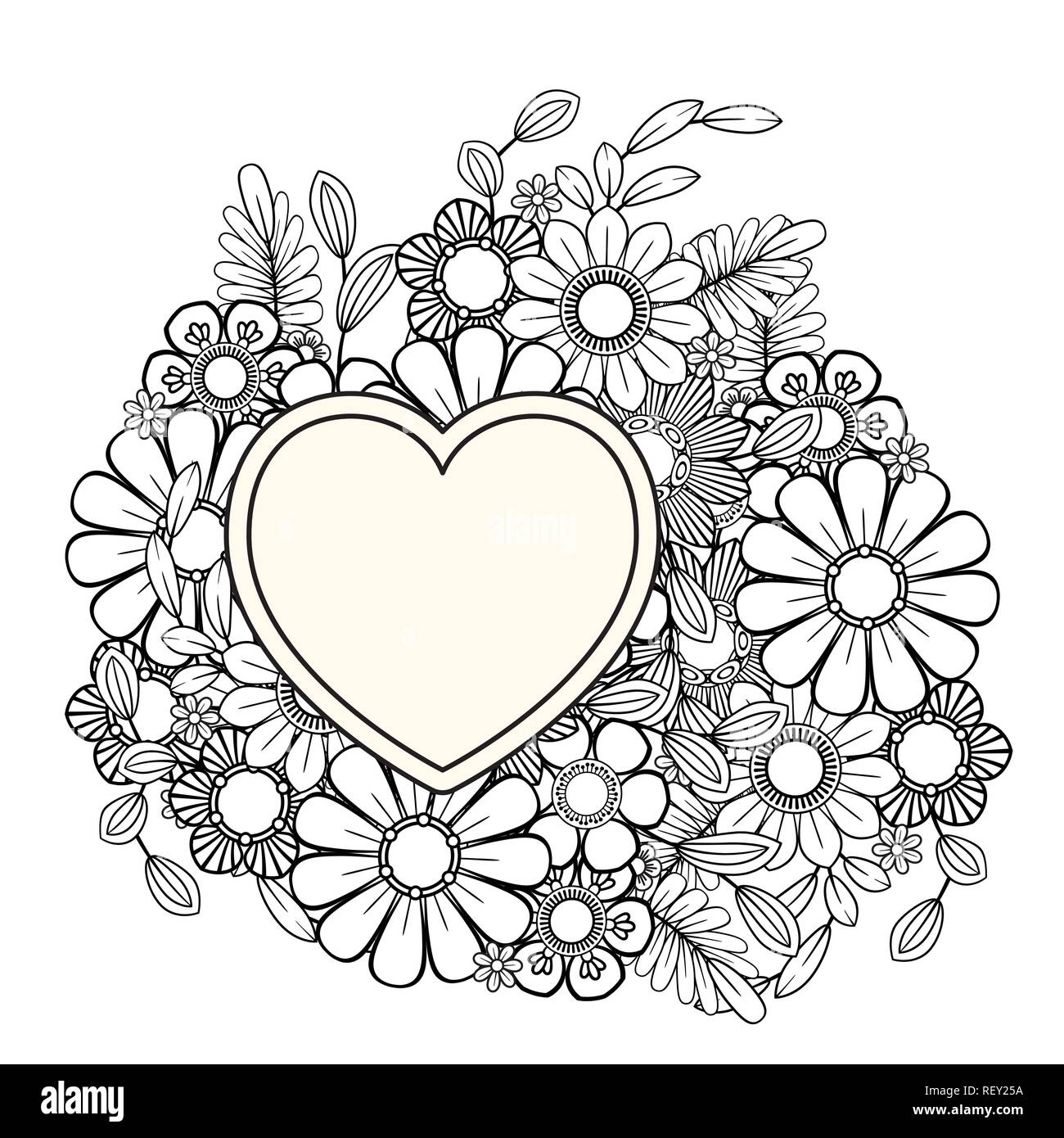 Coeur Floral. Valentines Day coloring page adultes. Vector illustration. Isolé sur fond blanc Illustration de Vecteur
