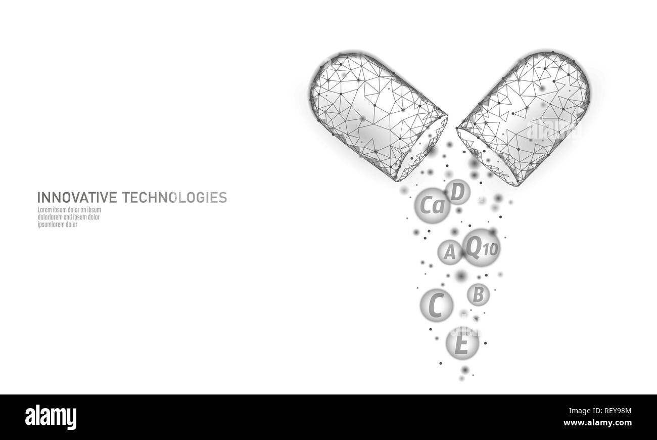Complexe Multi Vitamines low poly capsule. Supplément de santé Soins de la peau anti-vieillissement bodybuilding pharmacie modèle de page. La coenzyme Q10 en 3D, A, B, C, D. Medicine science vector illustration Illustration de Vecteur