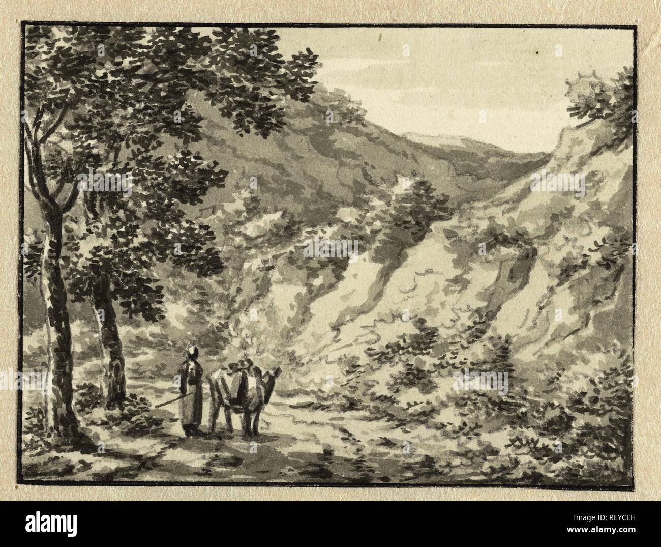 Paysage avec un homme avec bête de somme sur une route de montagne. Rapporteur pour avis : Anthony Andriessen. Dating : 1756 - 1813. Dimensions : H 75 mm × W 100 mm. Musée : Rijksmuseum, Amsterdam. Banque D'Images