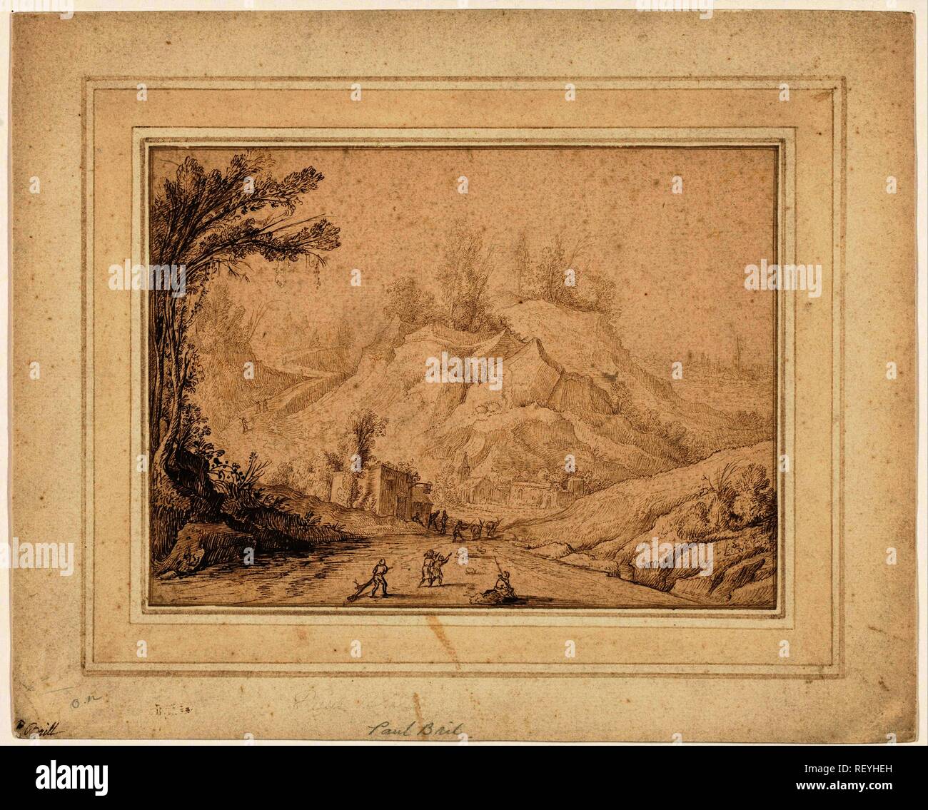 Paysage de montagne avec des chiffres sur une route dans une auberge. Rapporteur pour avis : Hendrik Cornelisz. Vroom. Rapporteur pour avis : Paul Bril (rejeté). Dating : 1576 - 1640. Dimensions : H 171 mm × W 232 mm. Musée : Rijksmuseum, Amsterdam. Banque D'Images