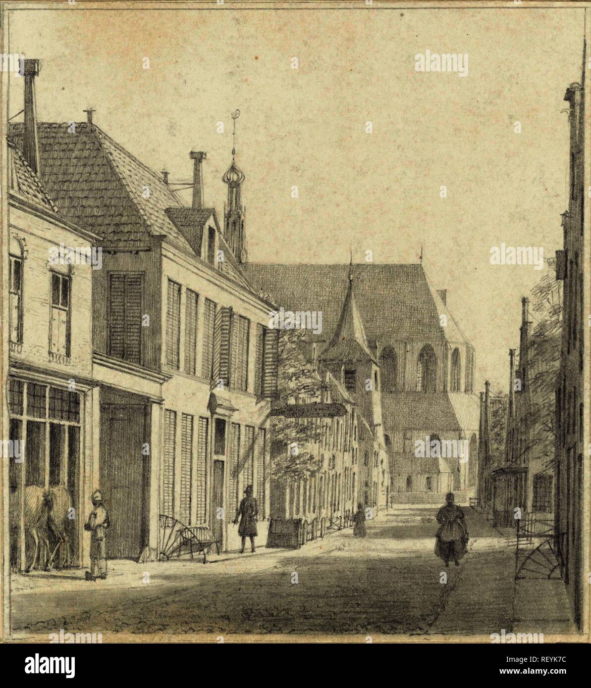 Street à Alkmaar avec la grande église en perspective. Rapporteur pour avis : Hendrik Abraham Klinkhamer. Dating : 4-Aug-1839. Dimensions : H 108 mm × w 99 mm. Musée : Rijksmuseum, Amsterdam. Banque D'Images