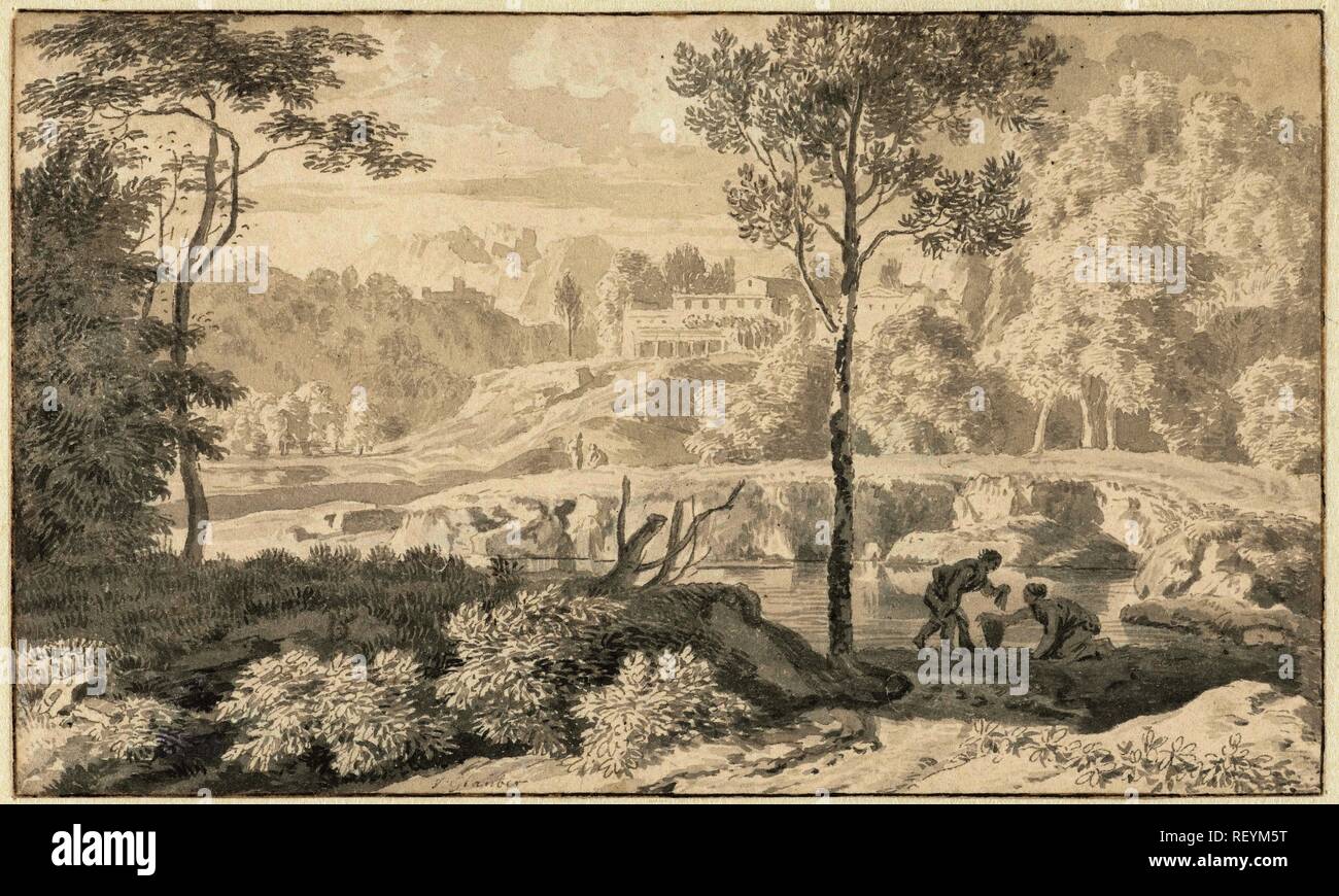 Paysage arcadien. Rapporteur pour avis : Johannes Glauber. Dating : 1656 - 1726. Dimensions : H 102 mm × W 170 mm. Musée : Rijksmuseum, Amsterdam. Banque D'Images