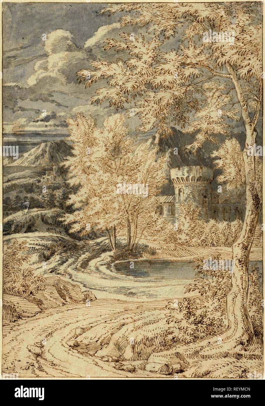 Forêt de montagne face avec château. Rapporteur pour avis : Johannes Glauber. Dating : 1656 - 1726. Dimensions : H 303 mm × W 210 mm. Musée : Rijksmuseum, Amsterdam. Banque D'Images