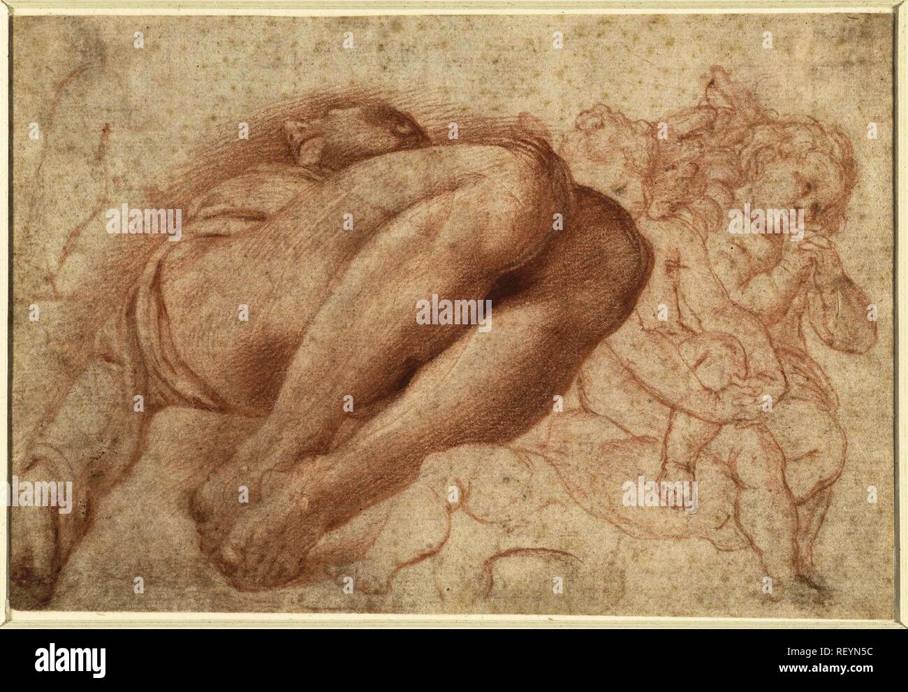 Groupe des petits anges et un homme couché. Rapporteur pour avis : Marcello Venusti. Après Michel-ange. Dating : 1525 - 1579. Dimensions : H 142 mm × W 210 mm. Musée : Rijksmuseum, Amsterdam. Banque D'Images