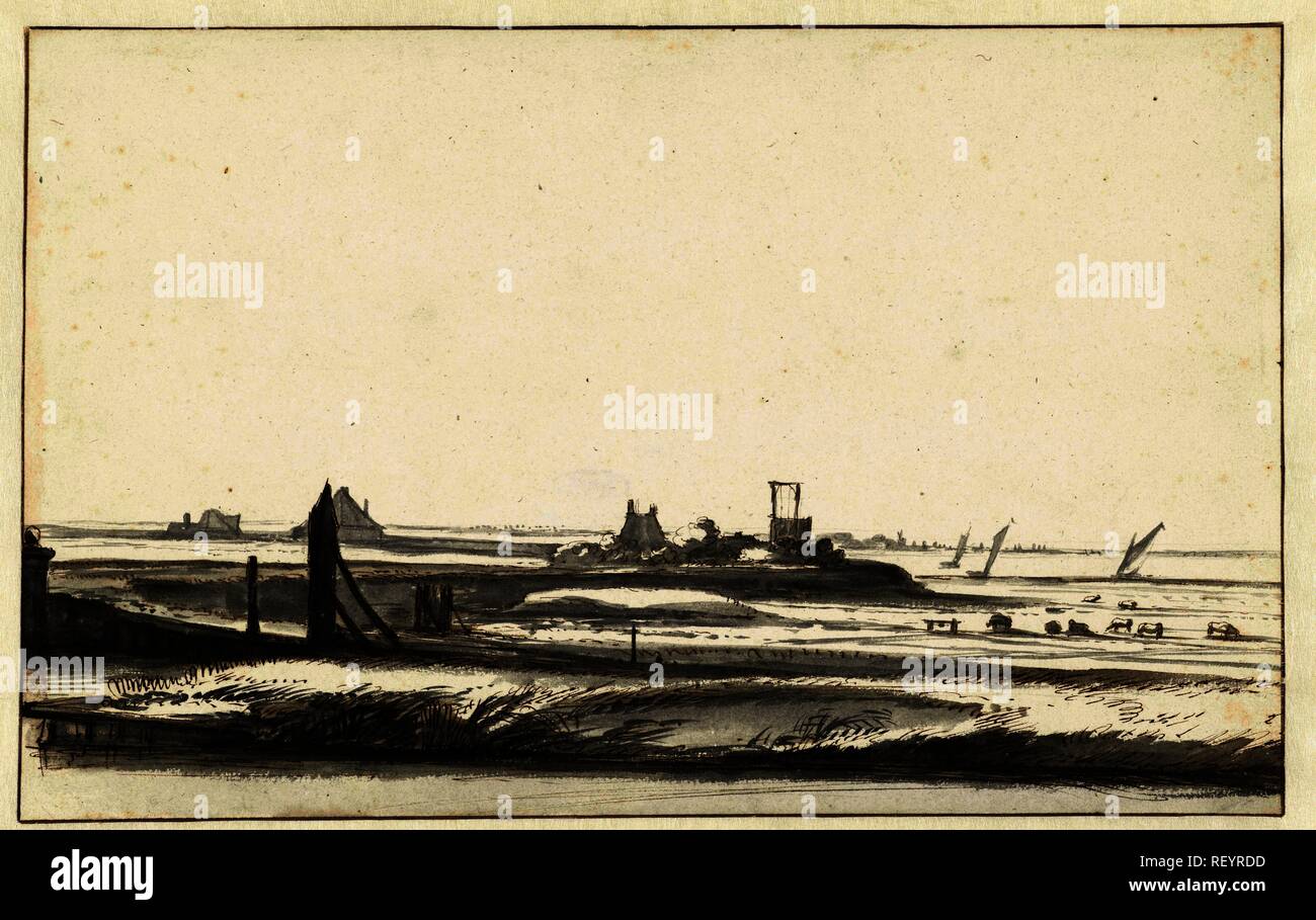 Panorama sur terrain plat. Rapporteur pour avis : Roelant Roghman. Dating : 1637 - 1692. Dimensions : H 190 mm × W 304 mm. Musée : Rijksmuseum, Amsterdam. Banque D'Images