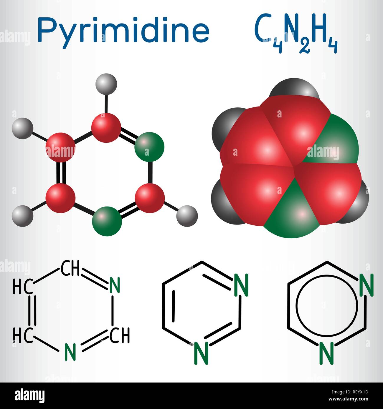 Molécule de la pyrimidine, est un composé organique hétérocyclique aromatique. Formule chimique structurale et molécule modèle. Vector illustration Illustration de Vecteur