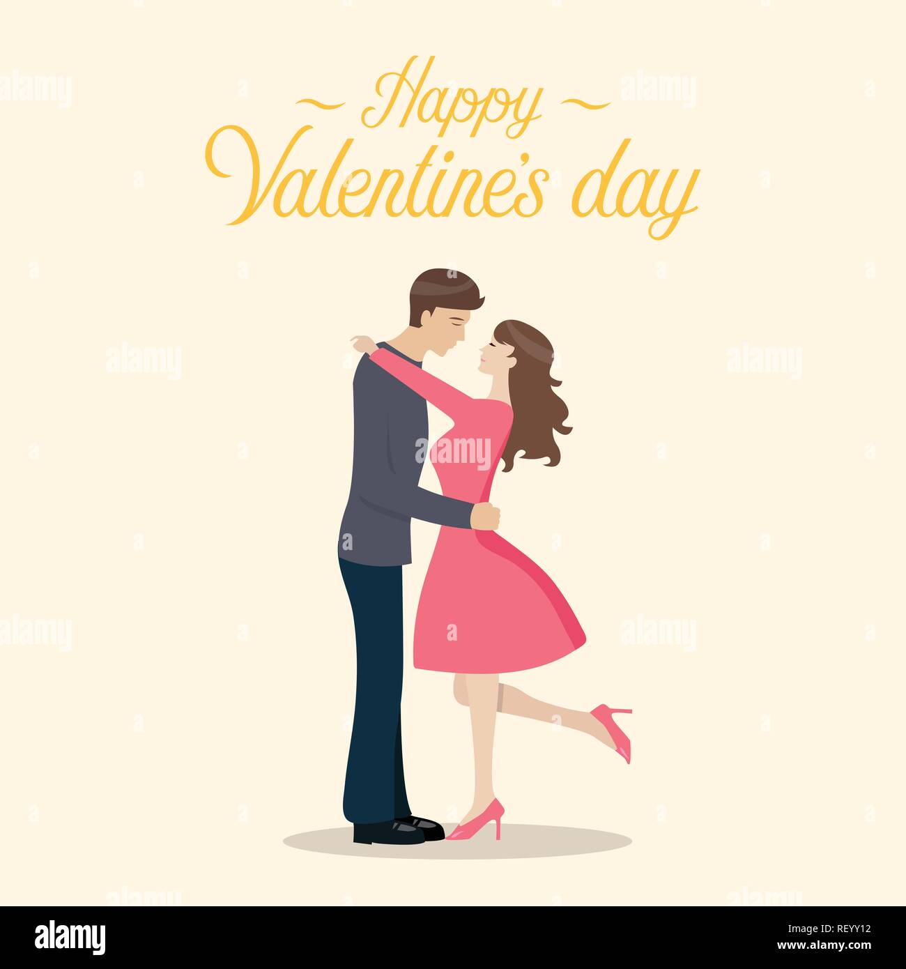 Happy Valentines Day avec couple aimant s'embrassent. Vector illustration Illustration de Vecteur