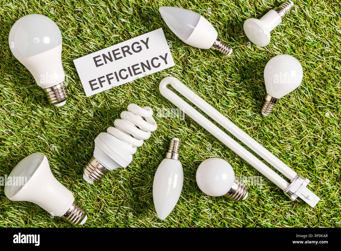 Vue de dessus de lampes fluorescentes près de carte avec l'efficacité énergétique sur l'herbe verte Banque D'Images