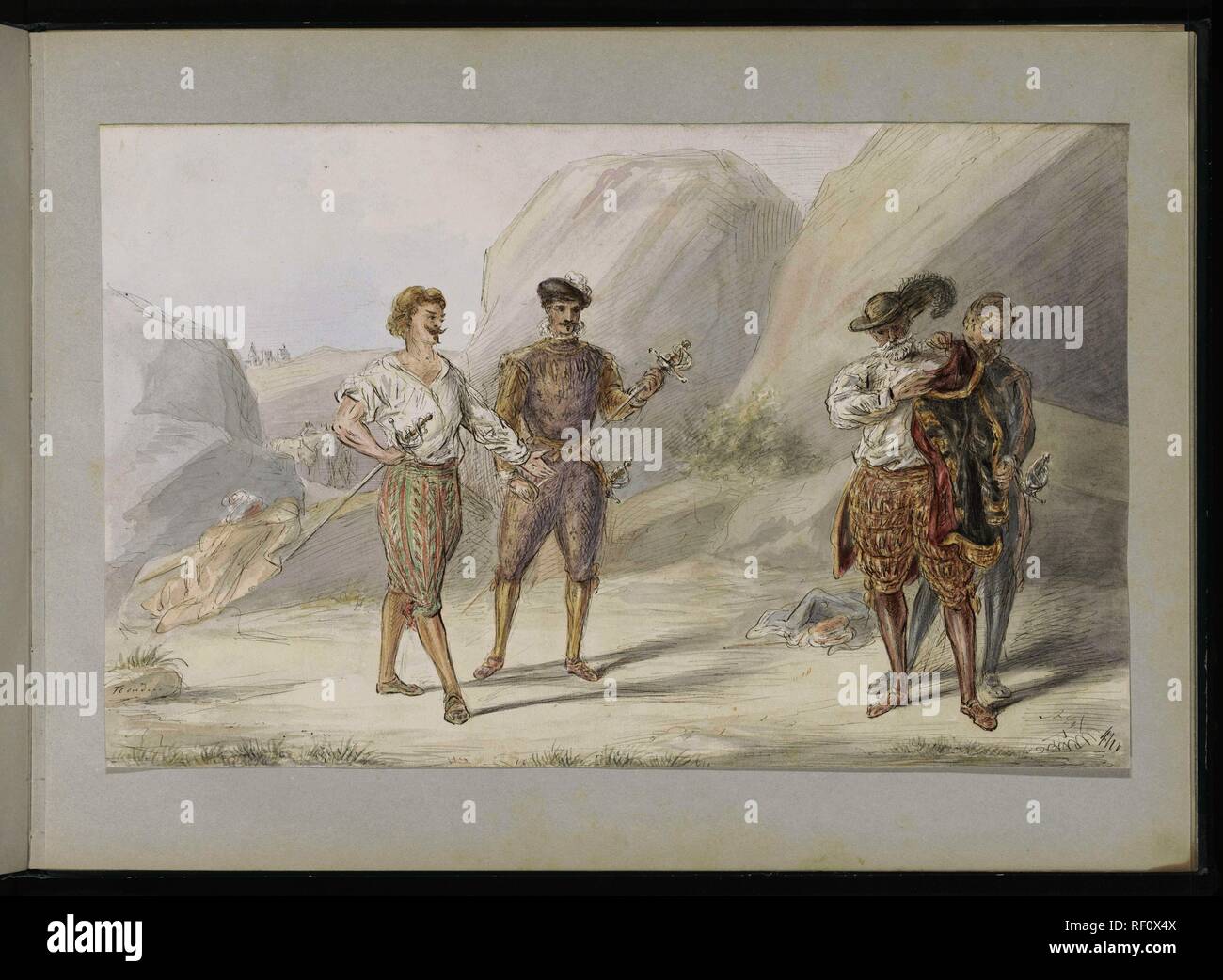 Quatre hommes avec des épées dans un paysage rocheux. Rapporteur pour avis : Alexander Ver Huell. Dating : ch. 1854 - c. 1887. Dimensions : H 267 mm × W 425 mm. Musée : Rijksmuseum, Amsterdam. Banque D'Images