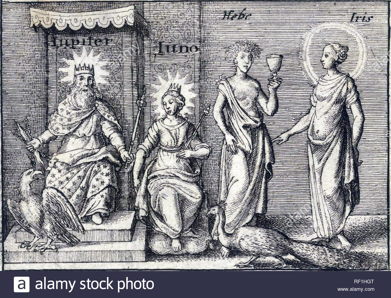 Dieux romains Jupiter et Junon et dieux grecs de Hebe et Iris, gravure par Wenceslaus Hollar aquafortiste bohème à partir de 1600 Banque D'Images