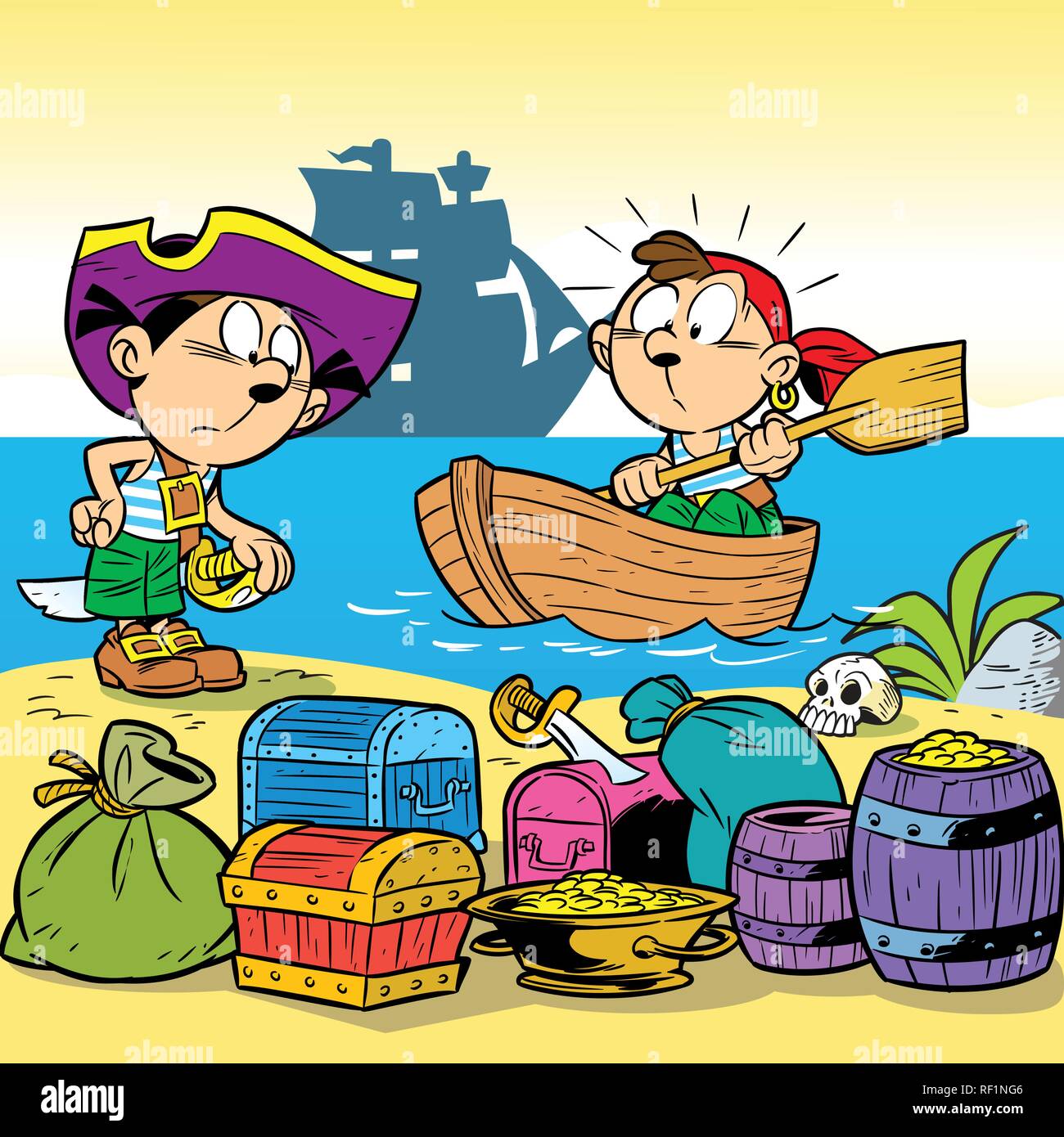 Dans l'illustration, les enfants jouent les pirates. Illustration de Vecteur