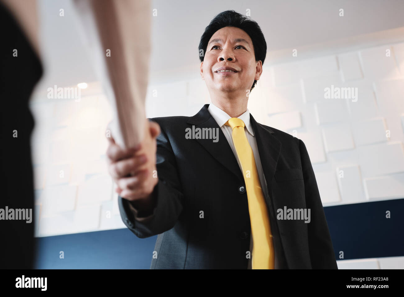 Poignée de main entre Happy Asian Manager et Hispanic Businesswoman In Office Banque D'Images