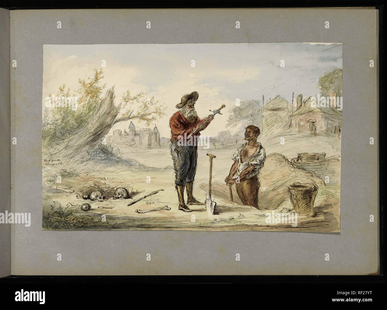 Homme creuser une épée sur un ancien champ de bataille. Rapporteur pour avis : Alexander Ver Huell. Dating : ch. 1854 - c. 1887. Dimensions : H 244 mm × W 392 mm. Musée : Rijksmuseum, Amsterdam. Banque D'Images