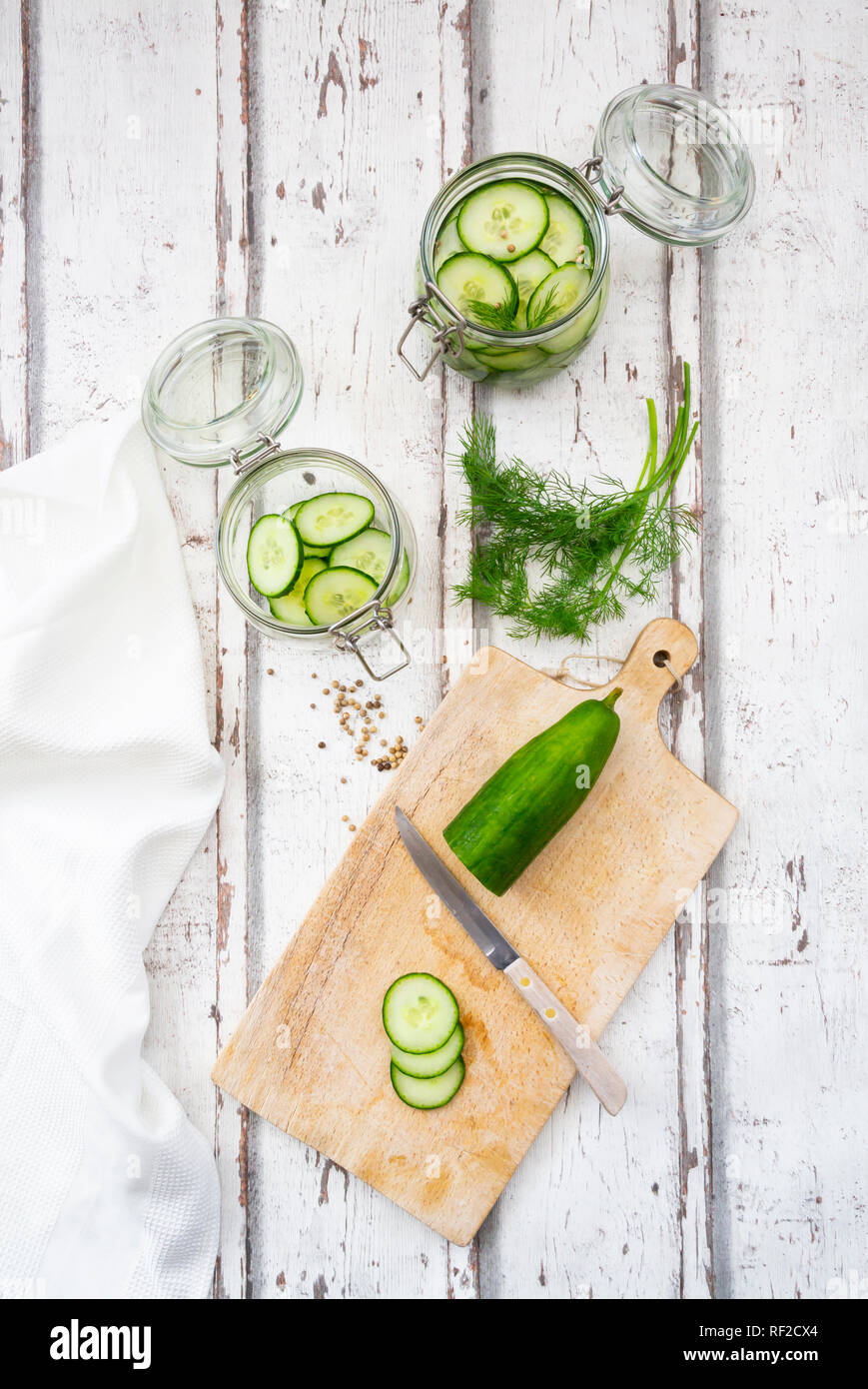 Cornichon, suédois, pressgurka avec de l'aneth et le poivre blanc Banque D'Images