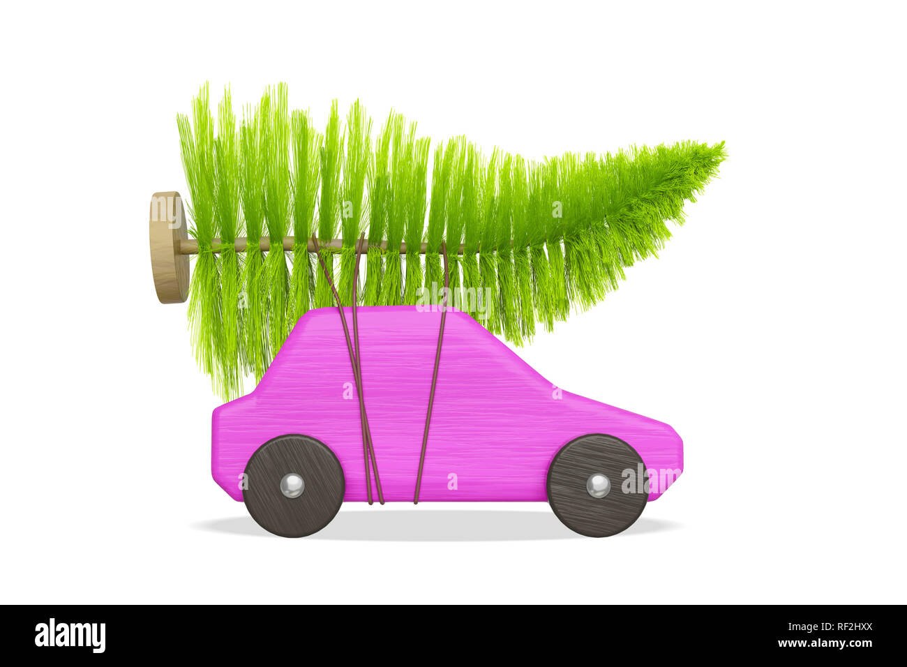 Petite voiture rose vert avec arbre de noël 3d illustration Banque D'Images