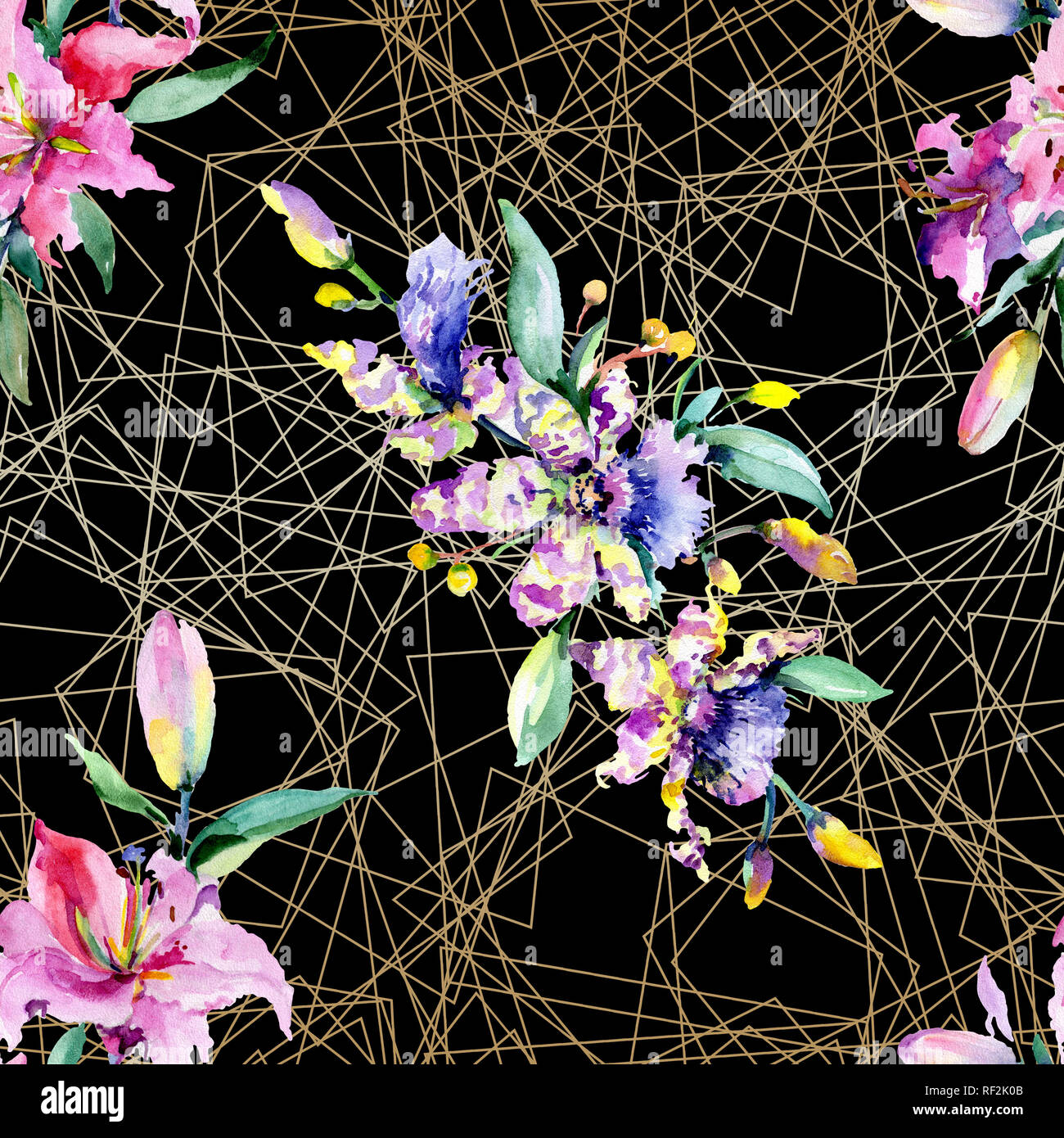 Orchidée fleur rose et pourpre. Printemps sauvage de fleurs sauvages de la feuille. Illustration à l'aquarelle. Aquarelle Dessin aquarelle mode isolé. Retour transparente Banque D'Images