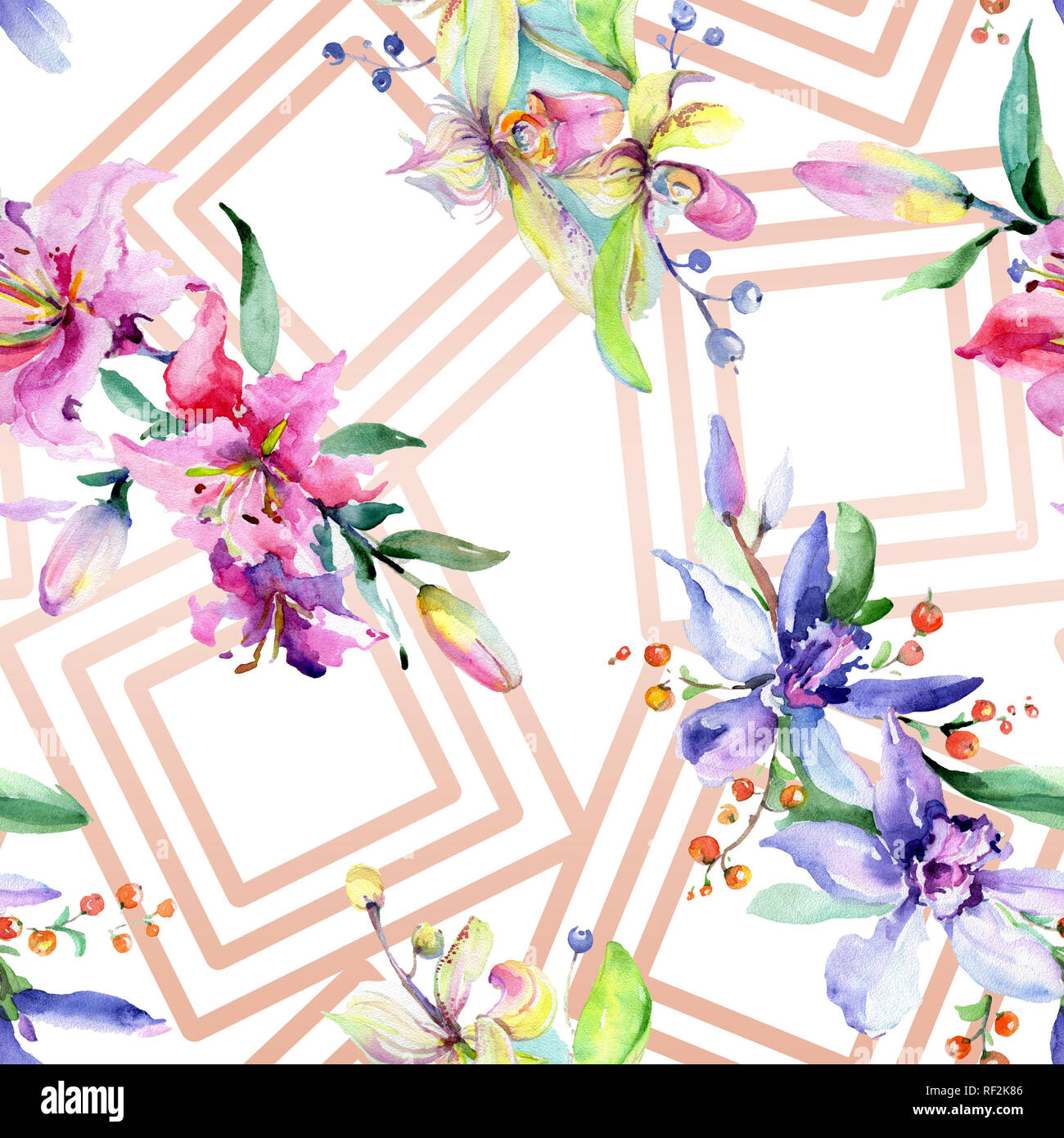 Orchidée fleur rose et pourpre. Printemps sauvage de fleurs sauvages de la feuille. Illustration à l'aquarelle. Aquarelle Dessin aquarelle mode isolé. Retour transparente Banque D'Images