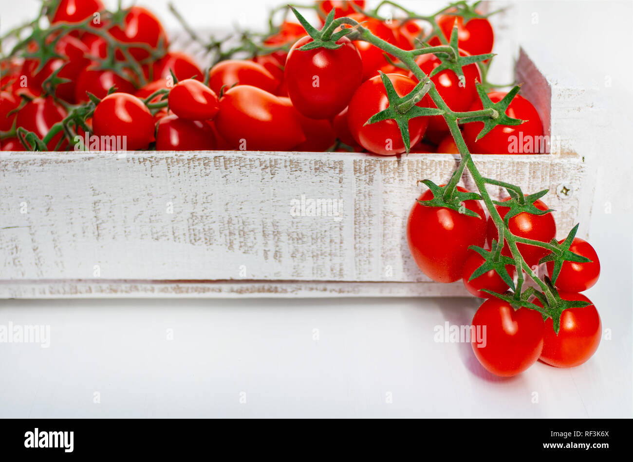 La cueillette des tomates. Tomates cerises sur une branche dans une boîte en bois sur un fond blanc. Banque D'Images