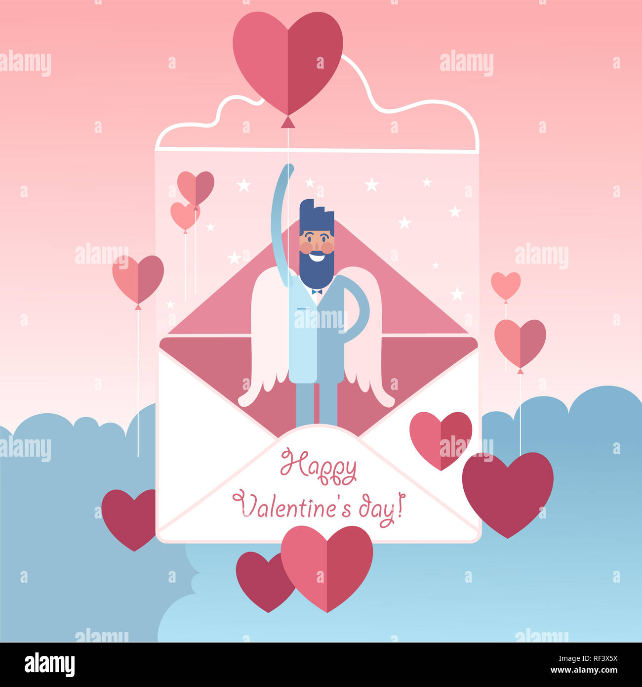 Planeur white-winged angel heart valentines barbus avec ballon en forme, rose fond de ciel. Banque D'Images