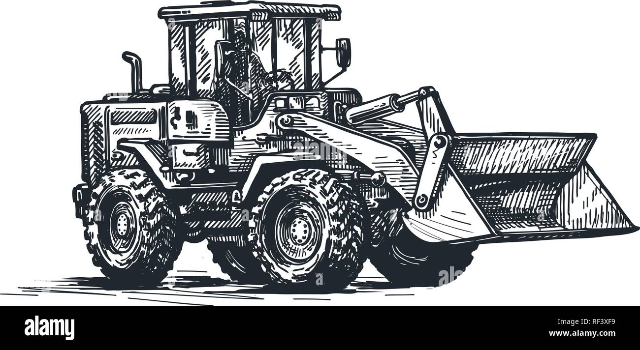 Bulldozer, nivelage, croquis du tracteur. Travaux d'excavation, de la construction lourde, véhicule. Hand drawn vector illustration Illustration de Vecteur