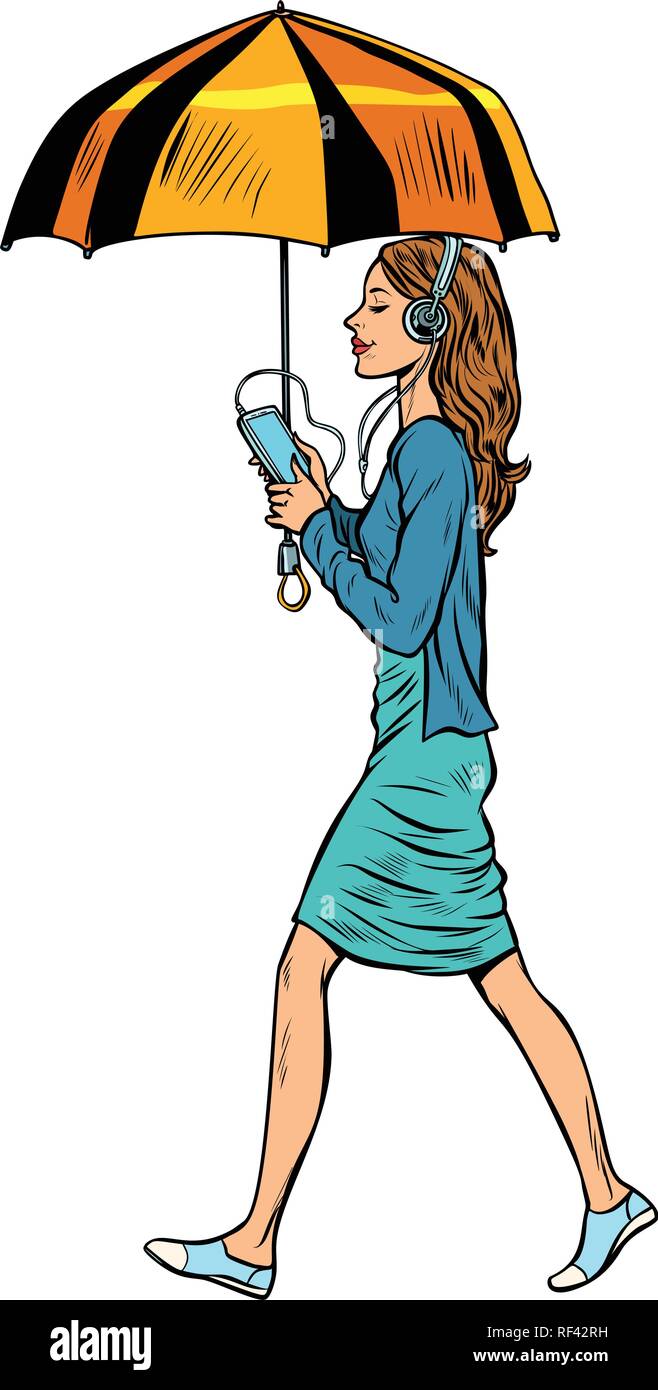 Femme avec parapluie et smartphone Illustration de Vecteur