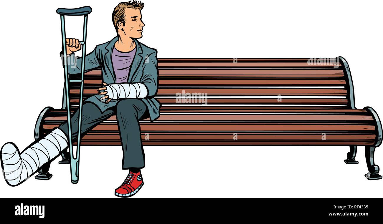 Homme jambe cassée banc de parc Illustration de Vecteur