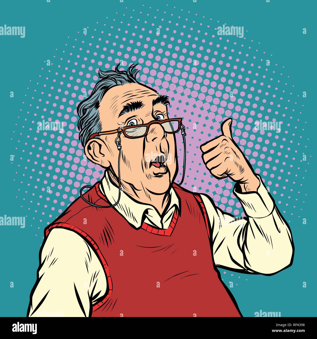 Surpris un homme âgé avec des lunettes thumb up comme Illustration de Vecteur