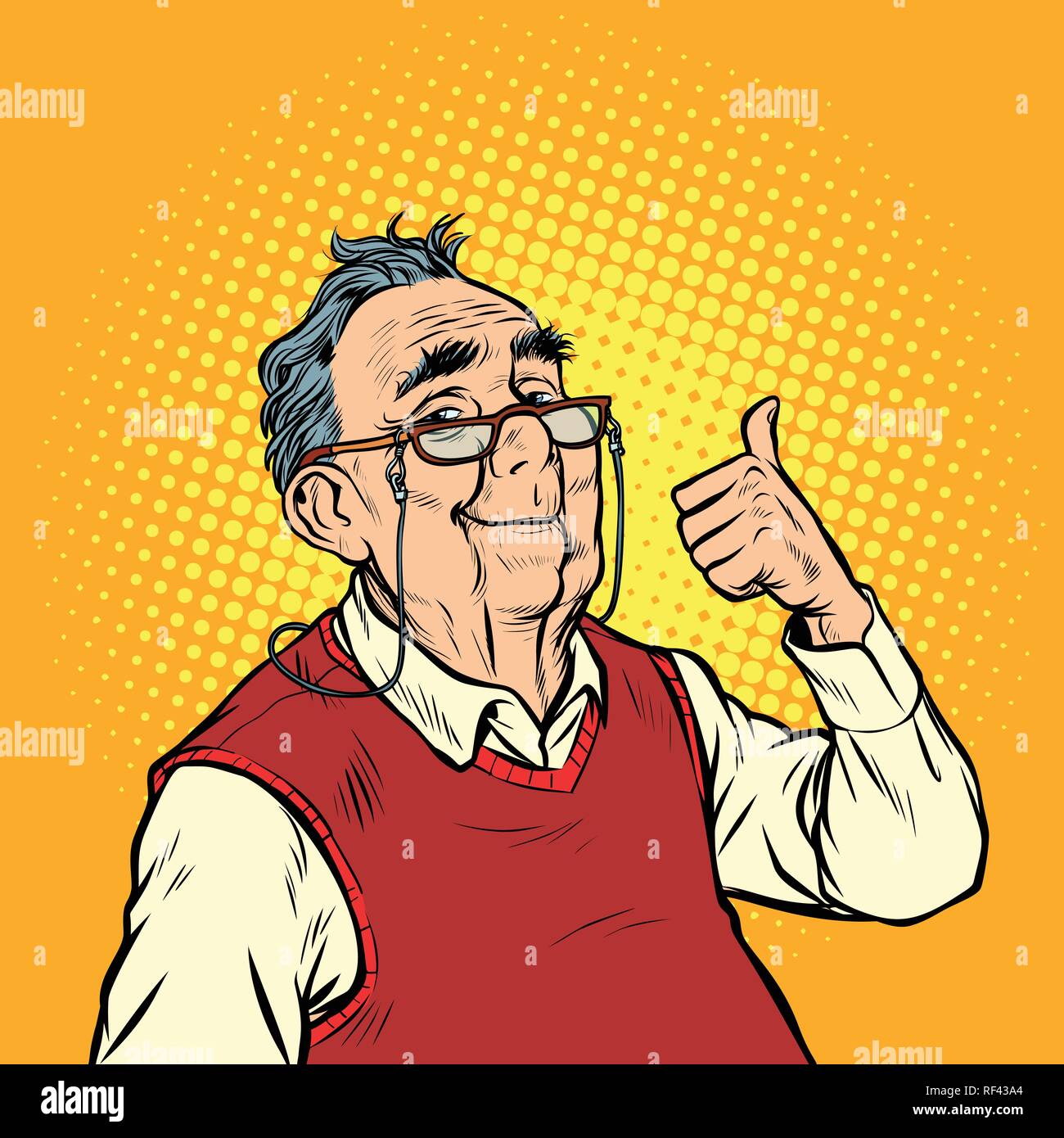 Vieil homme joyeuse avec des lunettes thumb up comme Illustration de Vecteur