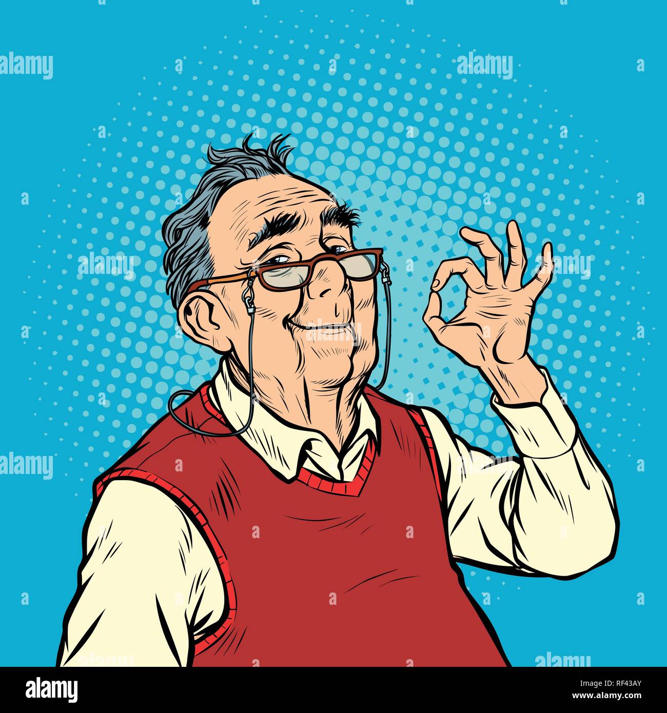 Sourire homme âgé avec des lunettes bon geste Illustration de Vecteur