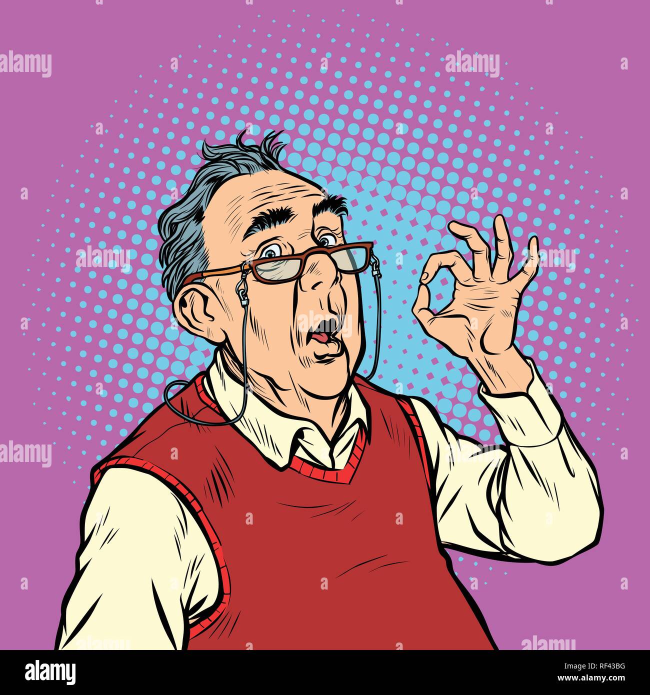 Surprise homme âgé avec des lunettes bon geste Illustration de Vecteur