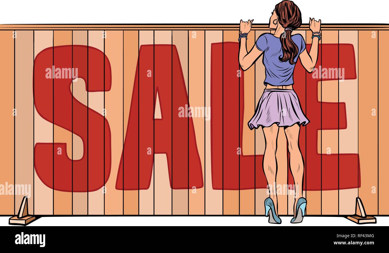 Femme regarde par-dessus la clôture. vente maison immobilier Illustration de Vecteur