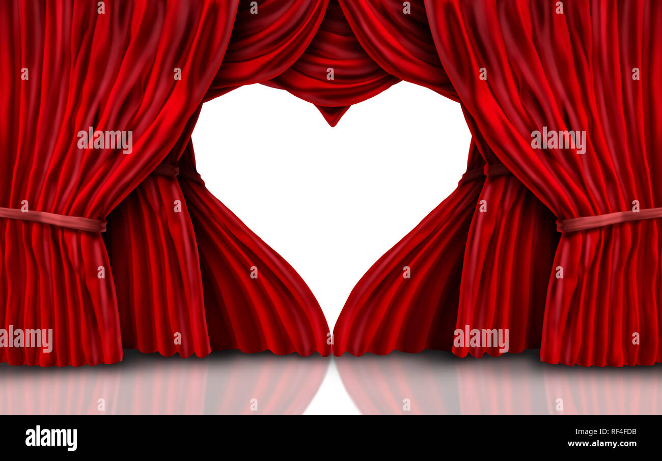 Valentines Day rideaux en velours rouge sur blanc comme une scène romantique avec des rideaux en forme de cœur comme un 3D illustration. Banque D'Images
