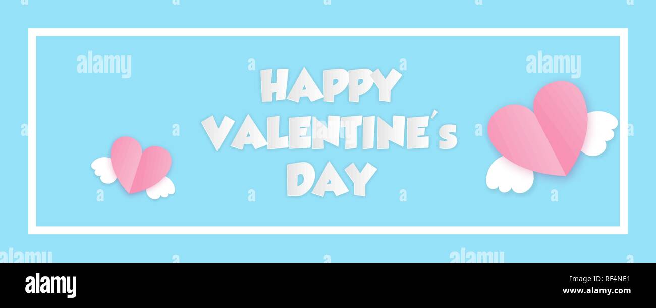 Coupe papier origami valentines day bannière web dans des tons pastel. Maison de vacances love design bannière horizontale. Ailes ange coeur rose. Illustration de Vecteur