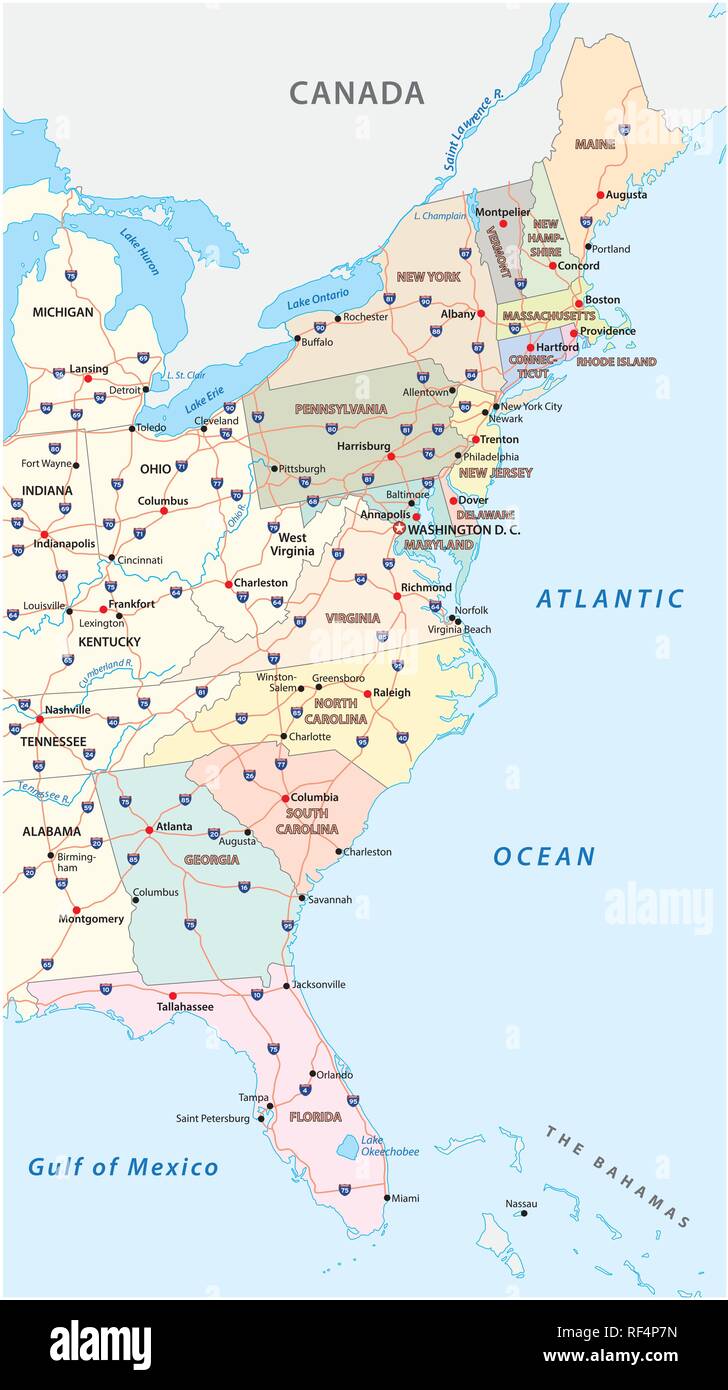 Carte vectorielle de la côte est, United States Illustration de Vecteur
