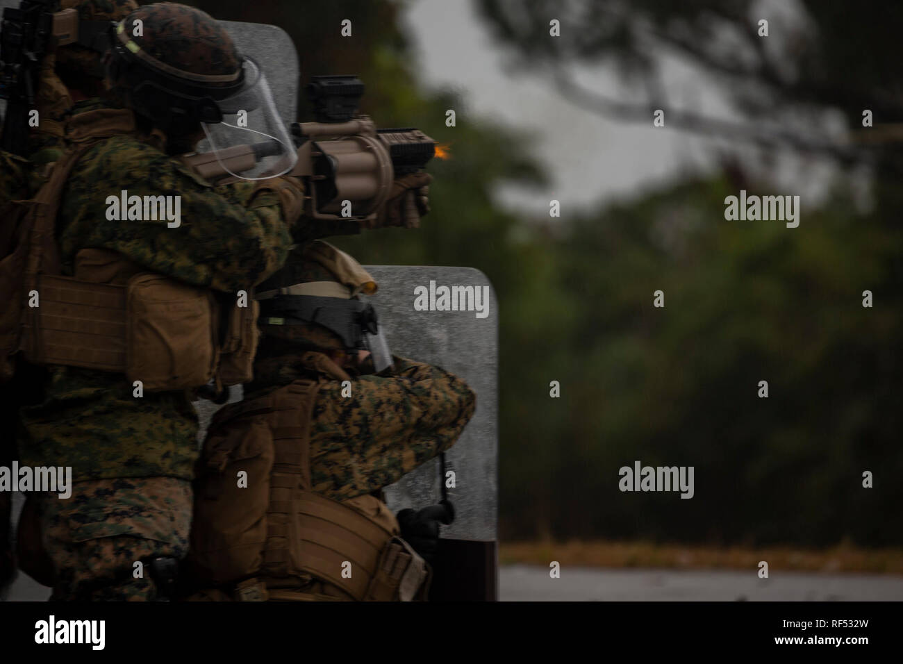Un U.S. Marine avec la Compagnie A, 3e Bataillon, de l'application de la Loi III Marine Expeditionary Force Information Group fire un lance-grenades M32 de multiples au cours de formation sur les armes non létales à la zone d'atterrissage Wren, Camp Hansen, Okinawa, Japon, le 15 janvier 2019. Au cours des trois jours de formation, d'autres policiers militaires de contrôle de foule-formation avec l'équipement supplémentaire et de combiner ces techniques avec les armes non létales y compris des matraques, Mossberg 500 fusils, M32 de multiples lance-grenades, lance-grenades M203, et Sting Ball des grenades. Banque D'Images